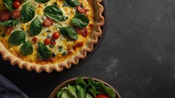 Quiche with salad, fresh food banner, top view with copy space. photo