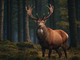 Big red deer, cervus elaphus, stag standing proudly King of forest with strong antlers Dominant male animal in wilderness. photo