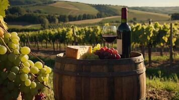 Bottle and glasses of wine with grapes, cheese and food On Barrel In Vineyard in rural landscape scene. photo