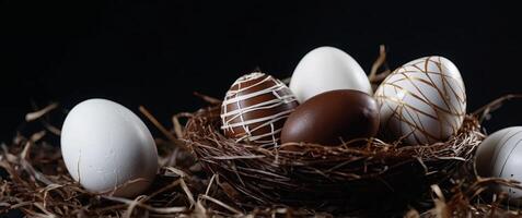 Black Background adorned with a chocolate easter egg in a nest and white easter eggs. photo