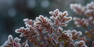 Close up leaves of Reeve's spiraea covered in frost on cold winter morning. photo