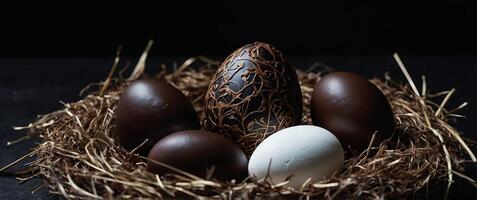 Black Background adorned with a chocolate easter egg in a nest and white easter eggs. photo