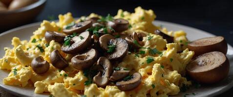 Close up of scrambled eggs with mushrooms preparation. photo