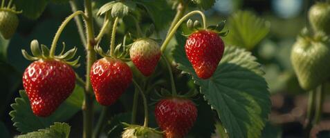 close up of strawberries growing in the summer garden. photo