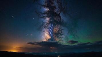 A breathtaking view of the milky way galaxy stretching across a cloudy horizon at twilight, showcasing the beauty of space. photo