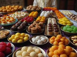 A colorful array of traditional sweets and desserts displayed on a festive table for Eid ul Adha celebrations. photo