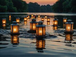 A serene riverside scene during Juneteenth Freedom Day, with lanterns floating gently on the water's surface, each lantern representing freedom and hope. photo