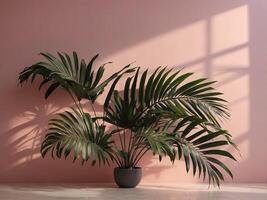 Blurred shadow from palm leaves on the light pink wall Minimal abstract background for product presentation Spring and summer. photo