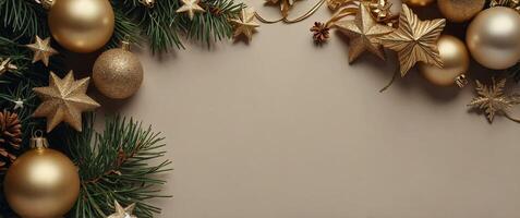 Beige vertical Christmas background with golden balls, stars, fir branches Christmas frame Flat lay, top view, copy space Nordic, hygge, cozy Christmas decor. photo