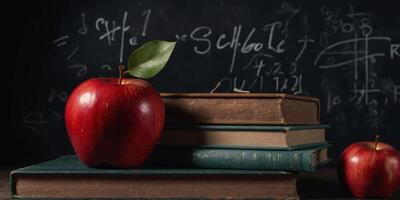 Back To School - A Red Apple on a Pile of Books in front of a Chalkboard. photo