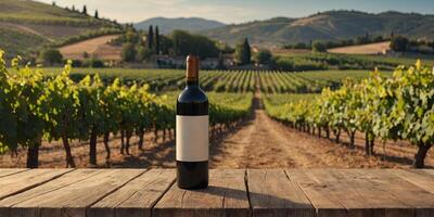 An empty wooden table for product display Blurred french vineyard in the background. photo