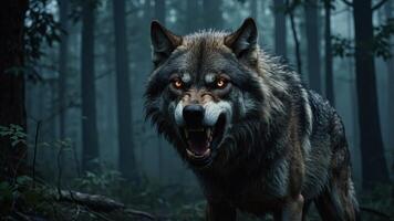 Angry big wolf Werewolf lycanthrope Dark misty forest full moon Evil glowing eyes and sharp fangs. photo