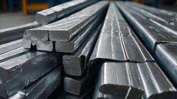 Aluminum billets at the factory Production of clean and high-quality products Concept banner template for advertising and presentation of production and manufacturing materials with copyspace. photo