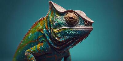 A chameleon wearing sunglasses on a solid color background, modern art, digital art, faceted, minimal, abstract, panorama background Stock art. photo