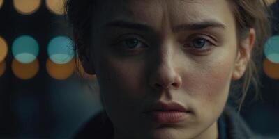 A closeup of a persons face with a sad expression, eyes downcast and lips slightly frowning The background is softly blurred, emphasizing the emotion of sadness. photo