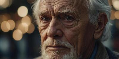 A close-up of an elderly man's deeply lined face and expressive eyes, revealing a life filled with wisdom and experiences. photo