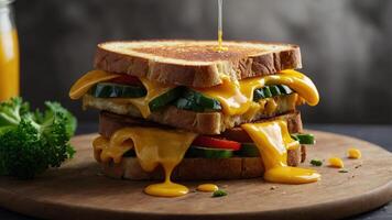 Breakfast with fresh grilled cheese vegetarian sandwich with melted cheddar cheese and vegetables. photo