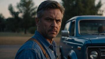 A man in a blue shirt and overalls stands in front of a vehicle He looks serious and focused. photo