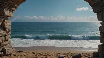 balanced stone portal arch view of the sea from the beach. photo