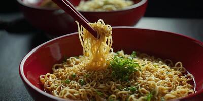 Boiled instant noodles with egg and green mustard and on the red bowl. photo