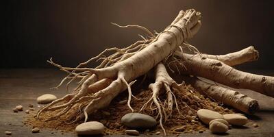 Background for the presentation of cosmetic products with ginseng ingredient On the brown background ginseng roots decorated with rocks and twig Korean ginseng root Chinese herbal medicine. photo