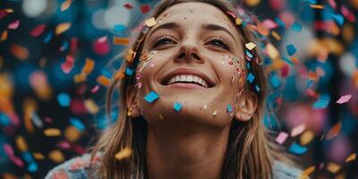 A close-up of a smiling young woman with colorful confetti on her face, suggesting a celebratory atmosphere. photo