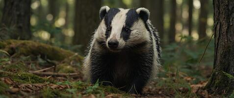 Badger sniffing in forest, animal nature habitat, Czech Meles meles. photo