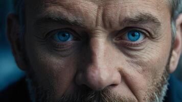 A close-up view of a man with striking blue eyes, A man with a weathered face and wise eyes. photo