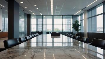 Blurred view of a modern office interior, showcasing a sleek marble countertop and vibrant natural light The bokeh effect enhances the chic and professional ambiance. photo