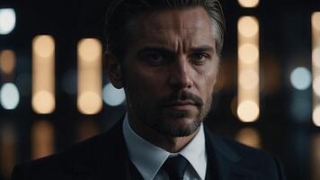 a man is in a suit and tie, dark white and dark black,. photo