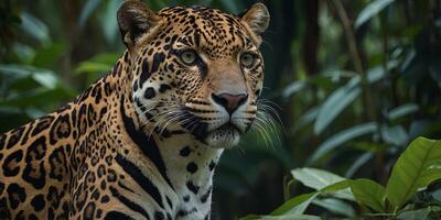 Beautiful and endangered american jaguar in the nature habitat Panthera onca, wild brasil, brasilian wildlife, pantanal, green jungle, big cats. photo