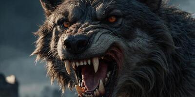 angry looking werewolf banner sharp teeth sharp fangs. photo