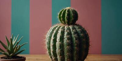 cactus in a vase on a colored wall background. photo