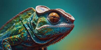 A chameleon wearing sunglasses on a solid color background, modern art, digital art, faceted, minimal, abstract, panorama background Stock art. photo