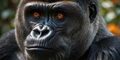 A captivating close-up of a gorilla's face highlighting its intense, mesmerizing orange eyes showing the depth and emotion of wildlife. photo
