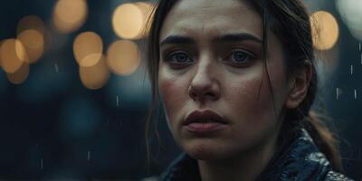 A look of sadness etched on a face, the eyes downcast and the lips turned down. photo