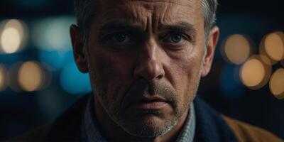 A close-up of a man with a concerned expression, wide eyes, and furrowed brows, evoking a sense of worry or confusion under dramatic lighting. photo