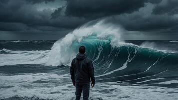 A man standing front of Dramatic Ocean Wave Under Stormy Sky, formidable, towering wave crests powerfully under a brooding, stormy sky, encapsulating the raw power and beauty of the sea. photo