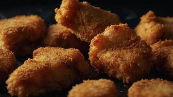 Close up freshly fried boneless chicken nuggets with black background. photo