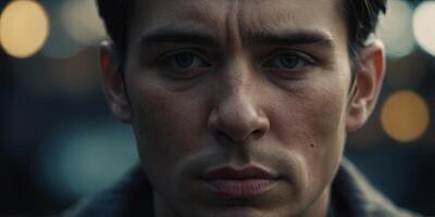 A closeup of a persons face with a sad expression, eyes downcast and lips slightly frowning The background is softly blurred, emphasizing the emotion of sadness. photo