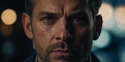 A close-up of a man with a concerned expression, wide eyes, and furrowed brows, evoking a sense of worry or confusion under dramatic lighting. photo