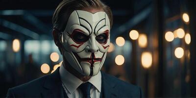 A man in a suit and mask with a creepy look on his face. photo