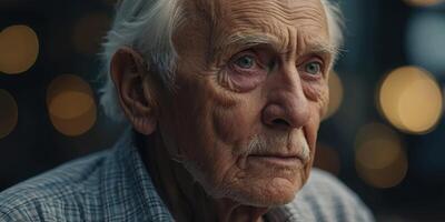 A close-up of an elderly man's deeply lined face and expressive eyes, revealing a life filled with wisdom and experiences. photo