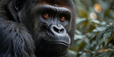 A captivating close-up of a gorilla's face highlighting its intense, mesmerizing orange eyes showing the depth and emotion of wildlife. photo
