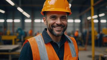 A man in a hard hat and orange vest is smiling He is posing for a picture in a factory. photo