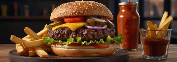 Towering burger with multiple beef patties, cheese, lettuce, tomato, onion rings, pickles, and sauces, served with fries on a wooden surface. photo