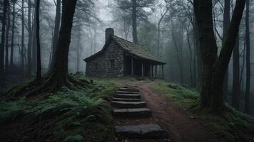 Small path leading to a dark stone cabin with wood roof Haunted forest Ghost woods Misty and foggy landscape. photo