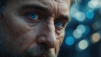 A close-up view of a man with striking blue eyes, A man with a weathered face and wise eyes. photo