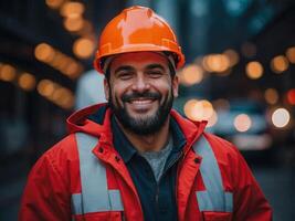 A man in a red jacket and a hard hat is smiling. photo