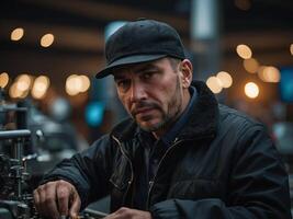 A man in a hat and a black jacket is working on a machine He is focused on his task and he is in a serious mood. photo